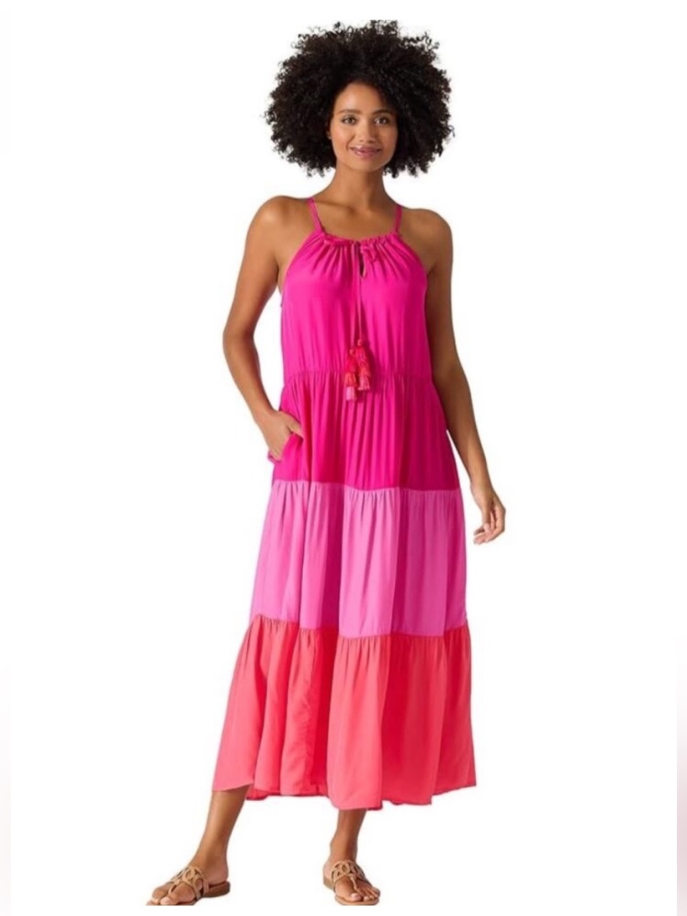 Tommy Bahama Colorblock Midi Tiered Dress in Pink Maui Size XL 16 / 18 - Picture 3 of 14